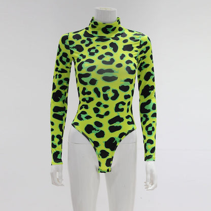 CNYISHE Leopard Prinetd Neon Green Women Bodysuits Long Sleeve Sexy Club Streetwear Fashion Jumpsuits Slim Sheath Tops Rompers