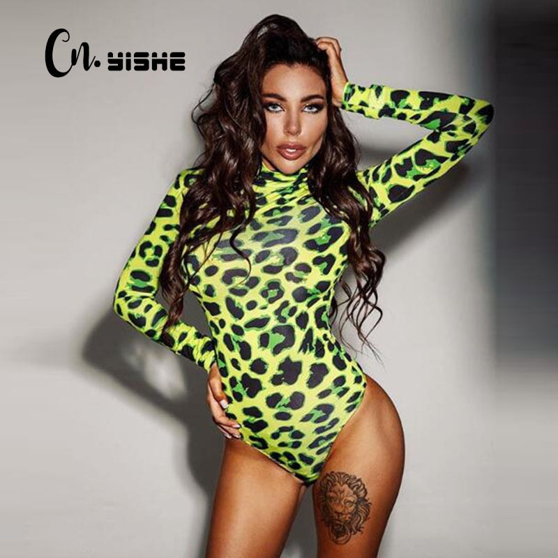 CNYISHE Leopard Prinetd Neon Green Women Bodysuits Long Sleeve Sexy Club Streetwear Fashion Jumpsuits Slim Sheath Tops Rompers