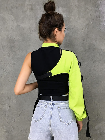 HEYounGIRL Neon Green One Shoulder Off Halter Top Harajuku Black Reflective Tshirt Women Hip Hop Street Wear Tee Shirt Femme
