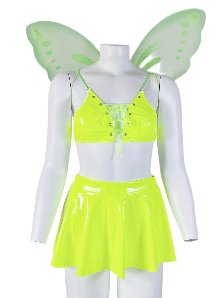 Sexy Pu Leather Neon Green Hollow Out Lace-up Bra Top Match A-line Mini Skirt Halloween Cosplay Lingerie Set Rave Party Clothing